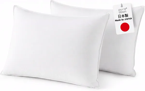 Puredown White Goose Down Feather Pillow, Made in Japan